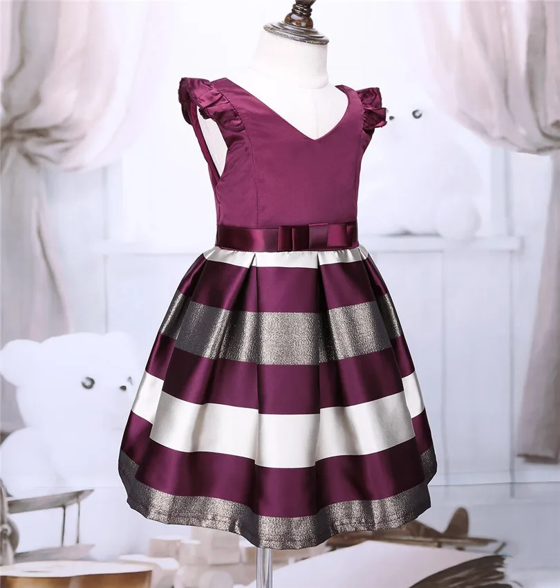 Бордового цвета для маленьких девочек с рюшами на рукавах Полосатое платье пачка