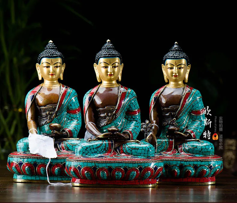 

3P Buddha -20CM -HOME family Talisman Buddhism Tibet turquoise brass Sakyamuni Amitabha the Medicine Buddha