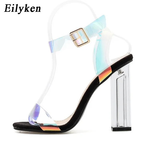 Black Eilyken/летние прозрачные босоножки из ПВХ; женские Босоножки с открытым носком и ремешком на щиколотке с пряжкой; женская обувь для вечеринок на высоком каблуке со стразами - Цвет: Black