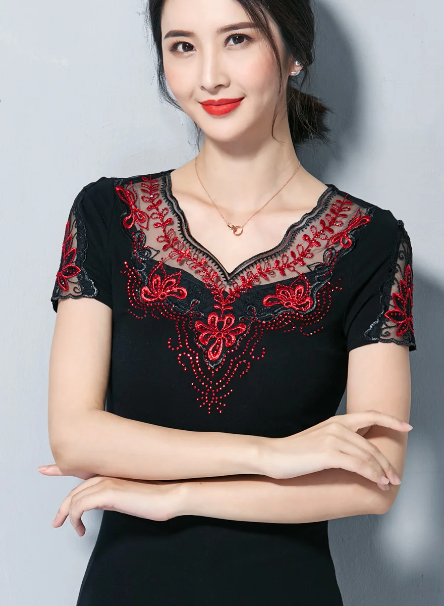 Модная женская блузка, рубашка, новинка, короткий рукав, сетчатая рубашка, элегантные бриллианты, полые женские топы, рубашки размера плюс, блузки