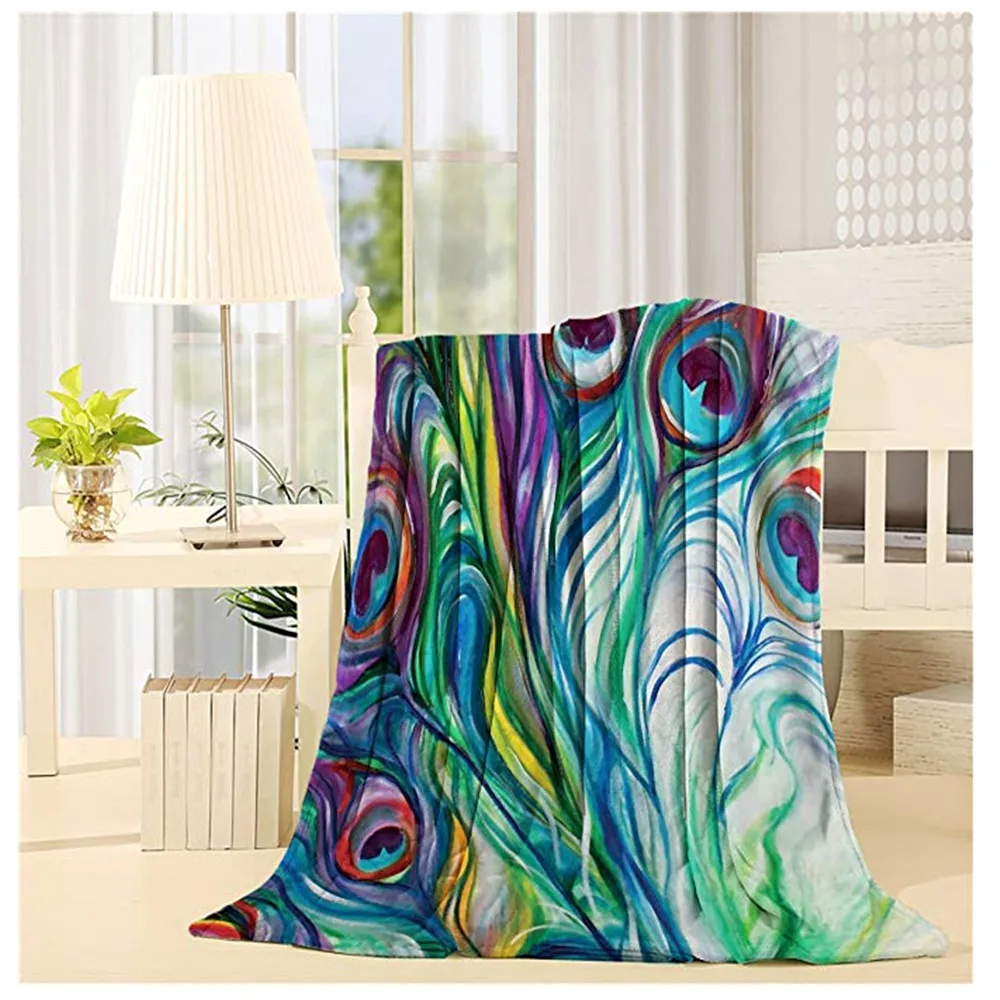 Flannel Blanket Lightweight Cozy Bed Sofa Blankets Super Soft Fabric Ink Painting Style Colorful Peacock Feathers | Дом и сад