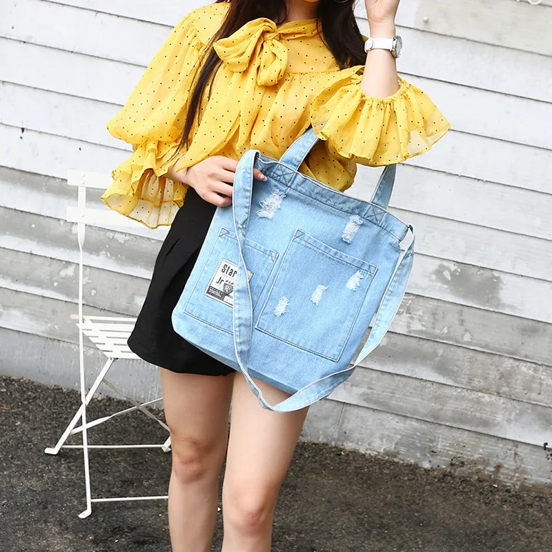 

Hole Denim women handbag Large capacity Casual Jeans Shoulder Bags Ladies Shopping Bag female Crossbody bag sac a main bolsos