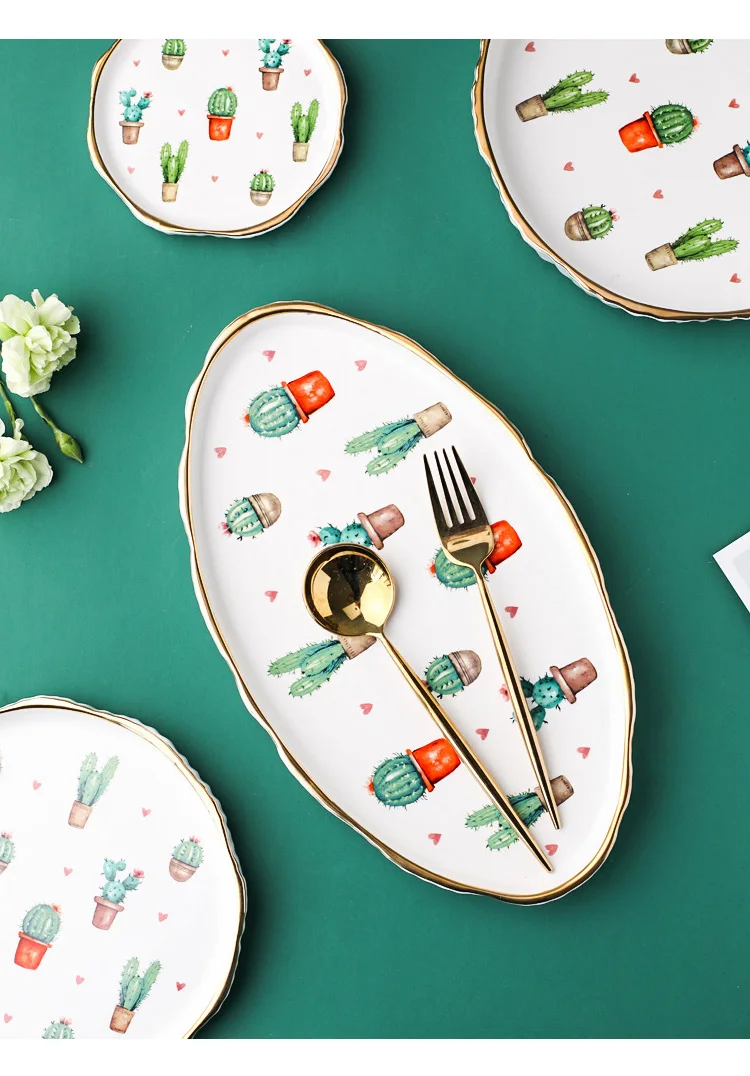 Ins керамические обеденные тарелки, креативные блюда и наборы тарелок, милые кактусы с принтом, миска для супа, десерты, тарелка для риса, подарок