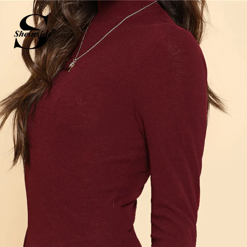 Sheinside Burgundy Casual T-shirt Solid Long Sleeve Slim Fitted Ladies Tops Womens Clothing Autumn Elegant Tee