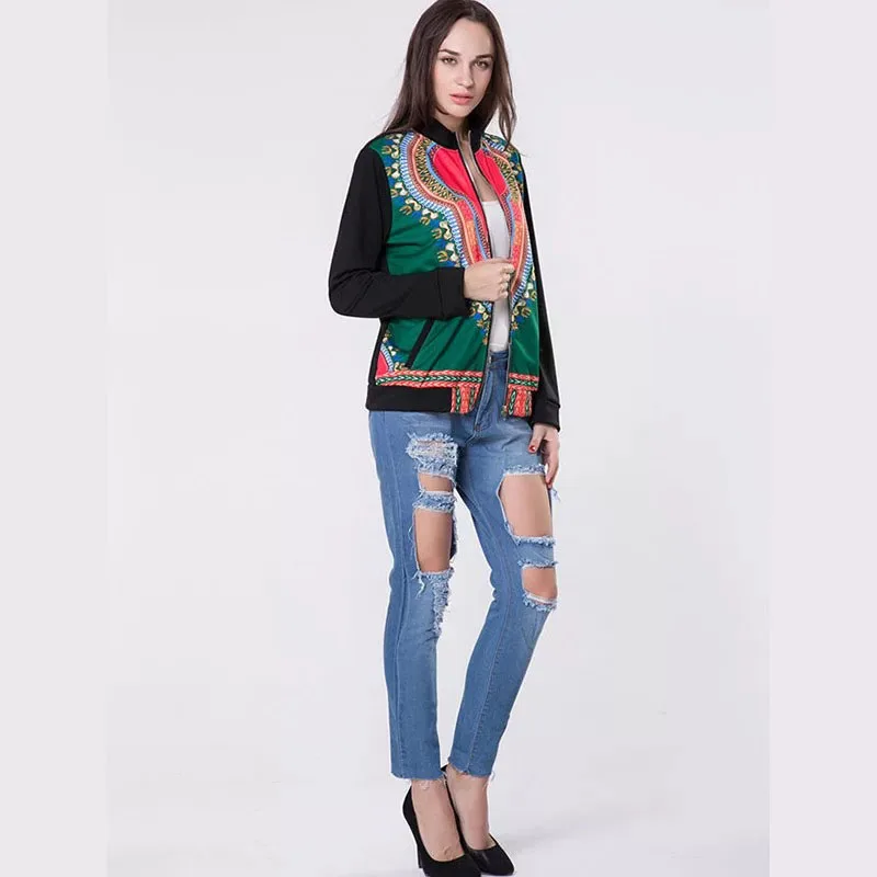 Весенняя африканская куртка бомбер с принтом Дашики женская зеленая толстовка