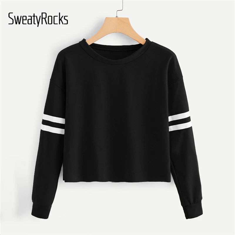 SweatyRocks спортивный Одноцветный университетский полосатый свитер с длинным рукавом кроп Топы Модные осенние повседневные женские толстовки