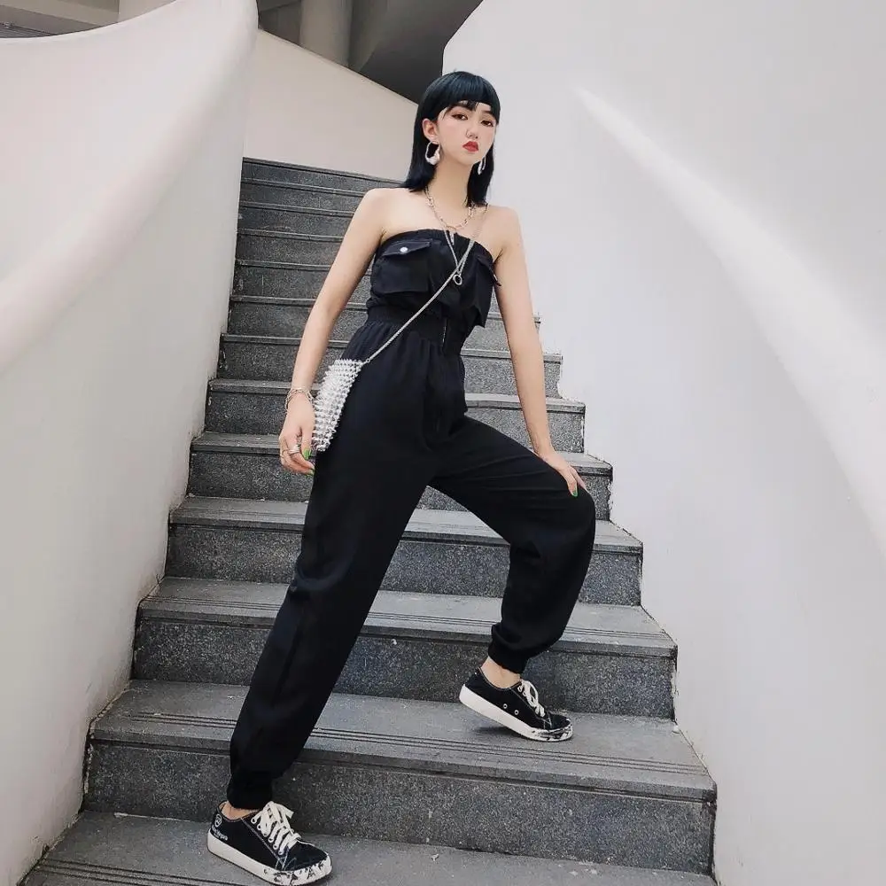 Jasmine fashion personality Shoulder-exposed сексуальный черный комбинезон для вытирания груди