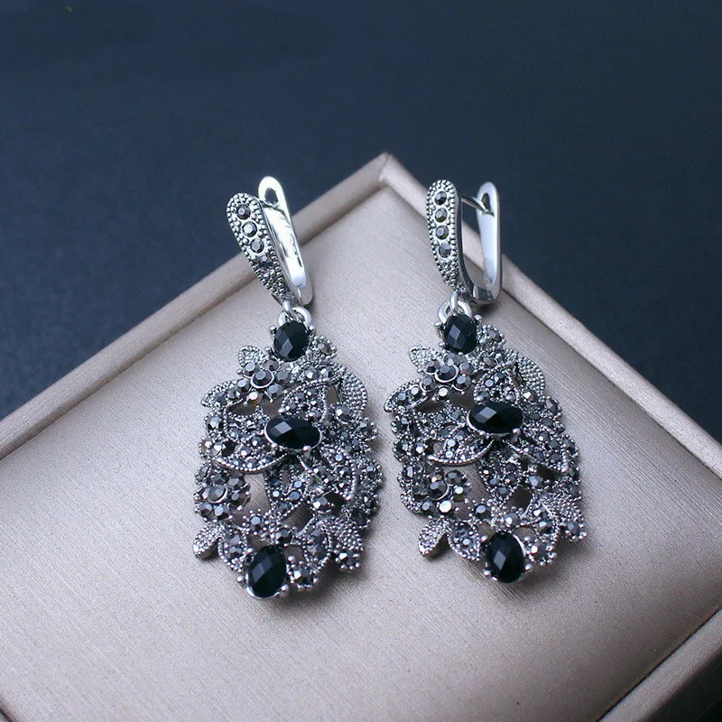 Женские винтажные серьги подвески Iutopian Серебряные длинные черные сережки со