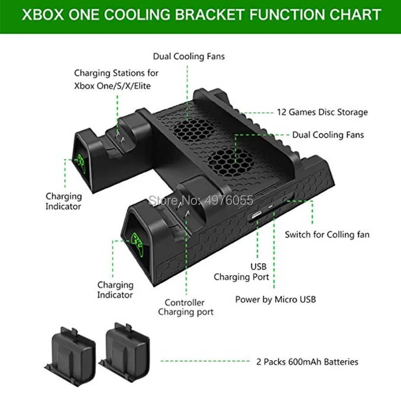 Для Xbox ONE/One S/One X вертикальная подставка для зарядки охлаждающий вентилятор с 2 батареями 600 мАч держатели для CD дисков 3 в 1
