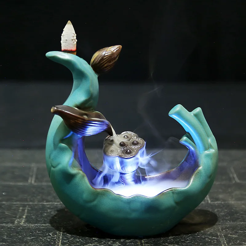 A 4 Style Ceramics LED Flower Ceramic Backflow Waterfall Smoke Incense Burner Censer Holder Yoga Burners Fountain Home Decorate - Цвет: A
