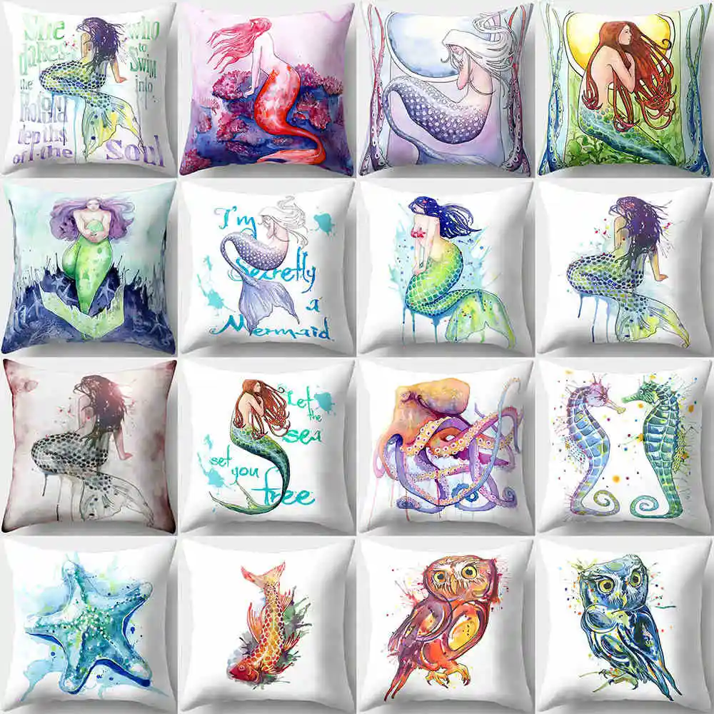 

Polyester Pillow Case Mermaid Cushion Covers Linen Throw Pillow Case 18"
