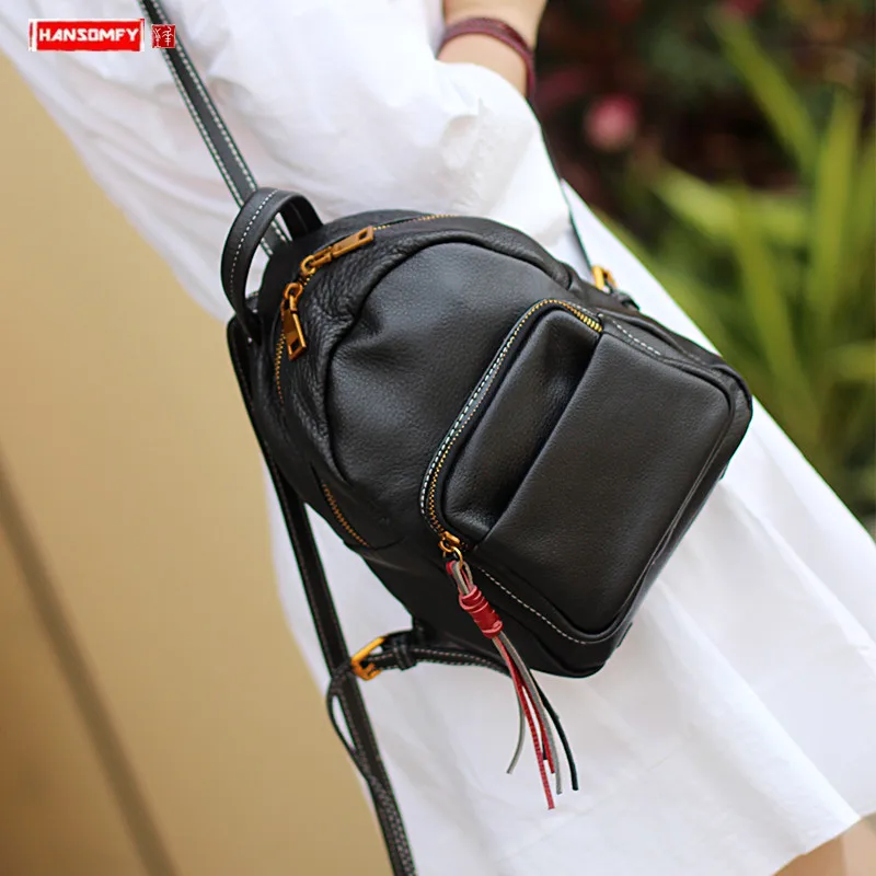 2019 New Luxury Fashion Women Backpack Genuine Leather Mini Shoulder Bag Leather Small Backpacks Black Wild Casual Female