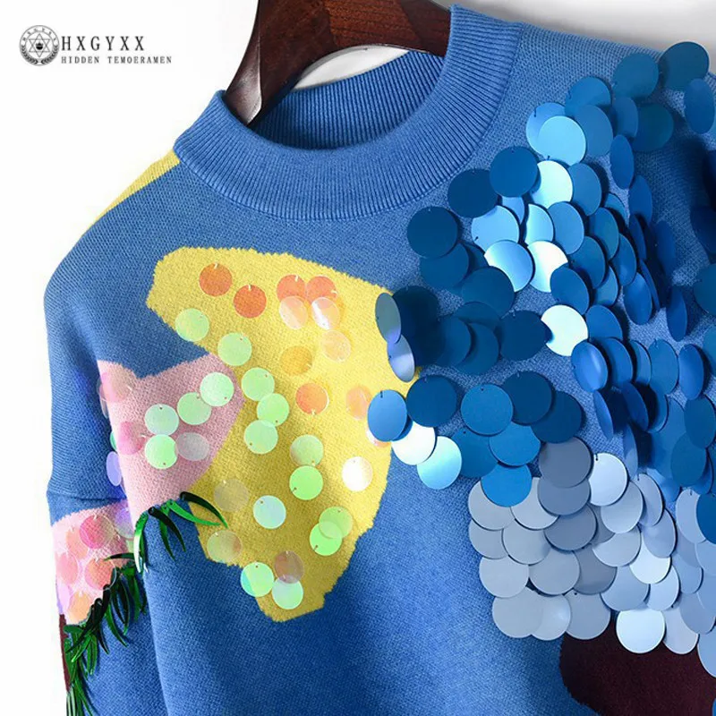 Luxury Brand Sequins Runway Sweater For Women 2020 Spring Autumn Thick Warm Pullover Fish Beading Knit Jumpers Crop Top Okb497 | Женская