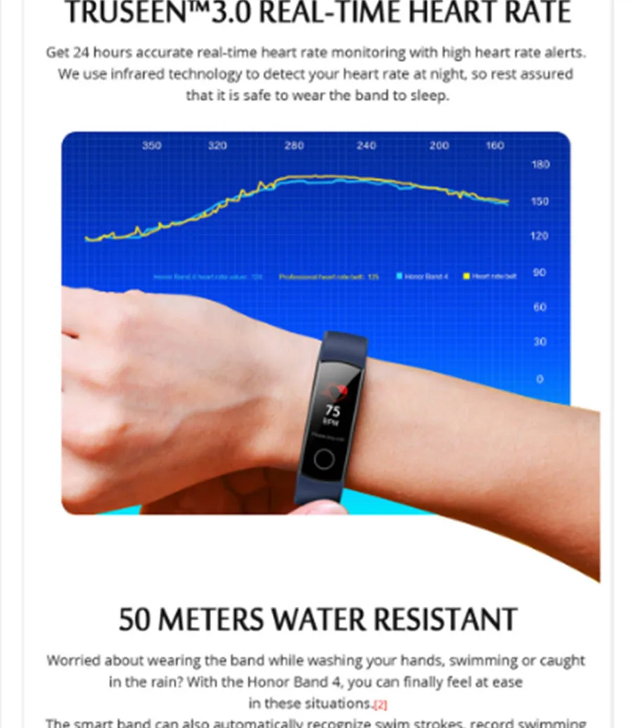 Honor Band 4 умный Браслет 50 м Водонепроницаемый фитнес-трекер сенсорный экран для сердечного ритма монитор дисплей вызов сообщение шоу