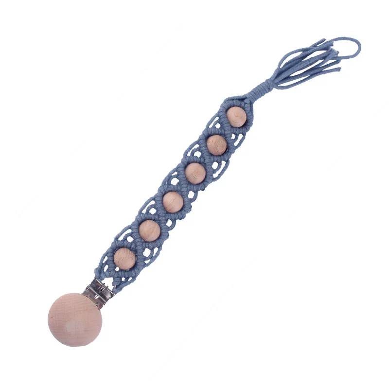 Серый Макраме Детские пустышки цепи младенческой соска малыша клип хлопок пустышка цепи деревянные бусины Прорезыватель игрушка для кормления младенцев - Цвет: Серый