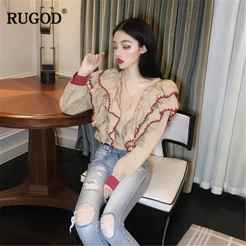 Женская блузка RUGOD белая винтажная с длинным рукавом и треугольным