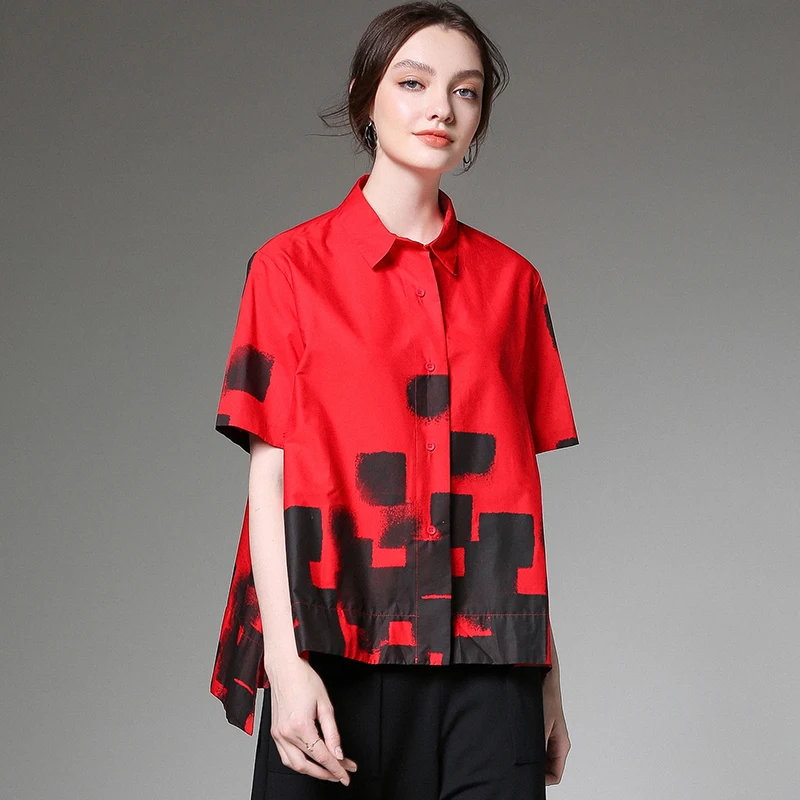 Large size women's 2019 summer new loose print casual shirt show slim versatile blouse turn down collar short sleeve | Женская