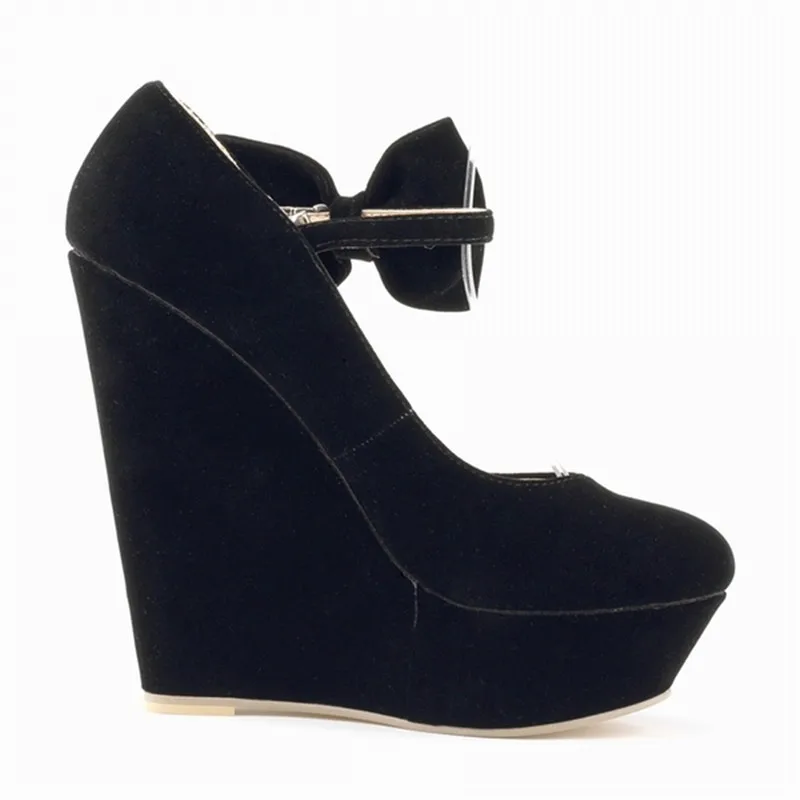 Женские пикантные замшевые туфли на высоком каблуке 14 см с бантом обувь танкетке