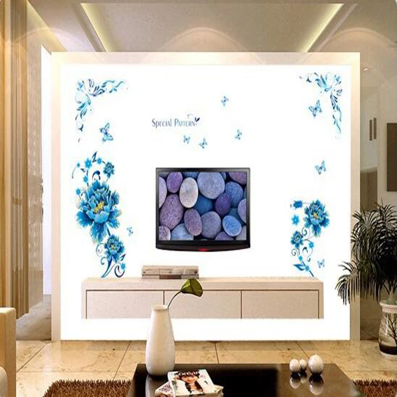Blue flowers butterflies pvc stickers DIY sitting room adornment bedroom TV background wall | Дом и сад