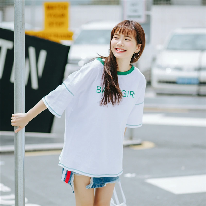 Женская футболка Kawaii Студенческая Ulzzang повседневная свободная с буквенным