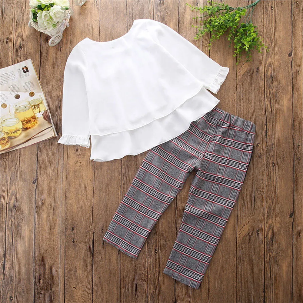Toddler Kids Girls Clothing Outfits Ruffle T Shirt Kid Clothes Tops+Checked Pants Set Summer 2019 Vetement Enfant Fille | Детская одежда