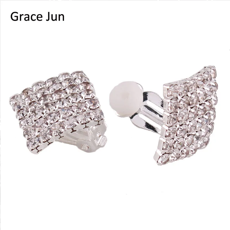 Grace Jun bridal earring 6 stand  Rhinestone square Clip on Earrings for Women No Hole Ear Clip Fahion Jewelry Accessories