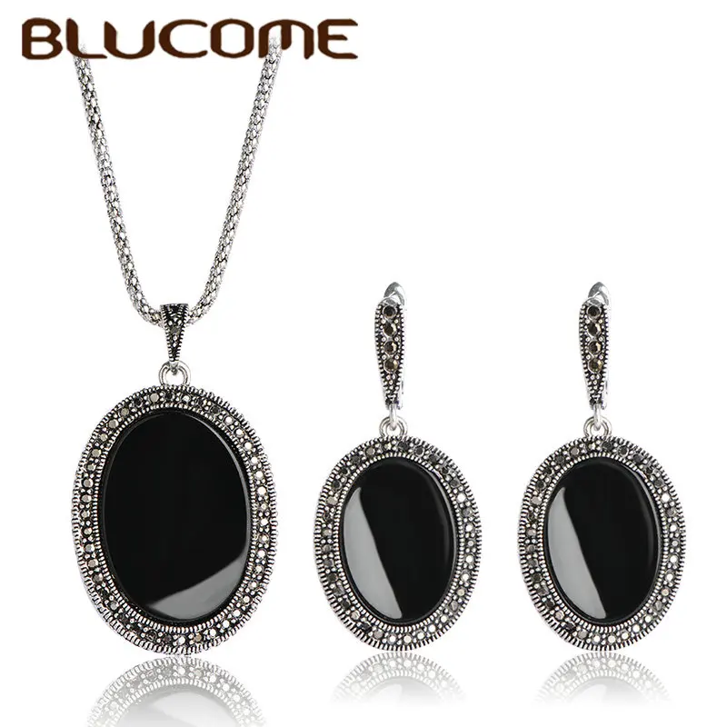 Женский комплект из колье и серёг Blucome красный Овального кулона смолы индейка