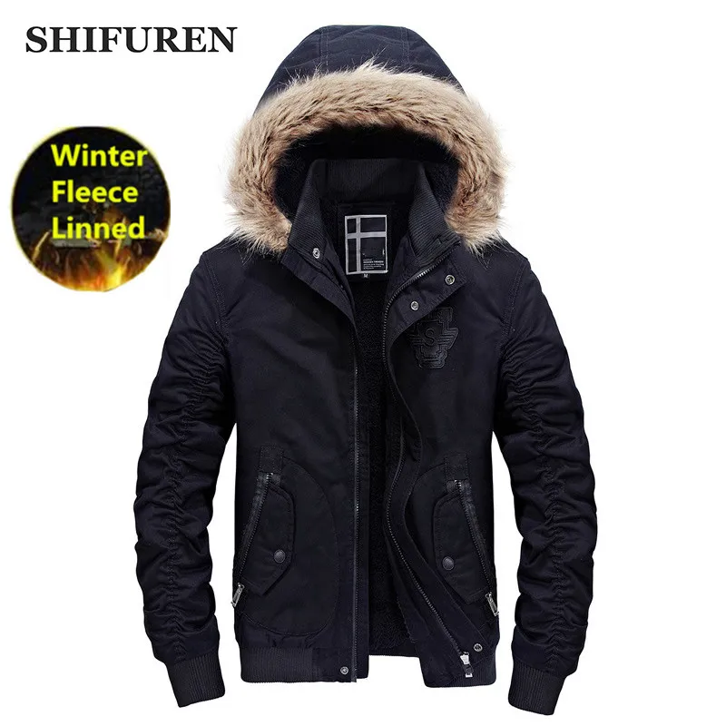 SHIFUREN Mens Winter Hooded Jacket Warm Heavy Fleece Padded Outerwear Size M-XXL Male Causal Thicken Overcoat Hood Detachable