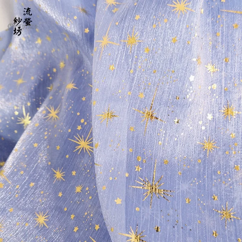 Синий/красный органза Ткань Золотая звезда узор для изготовления куклы Бобби