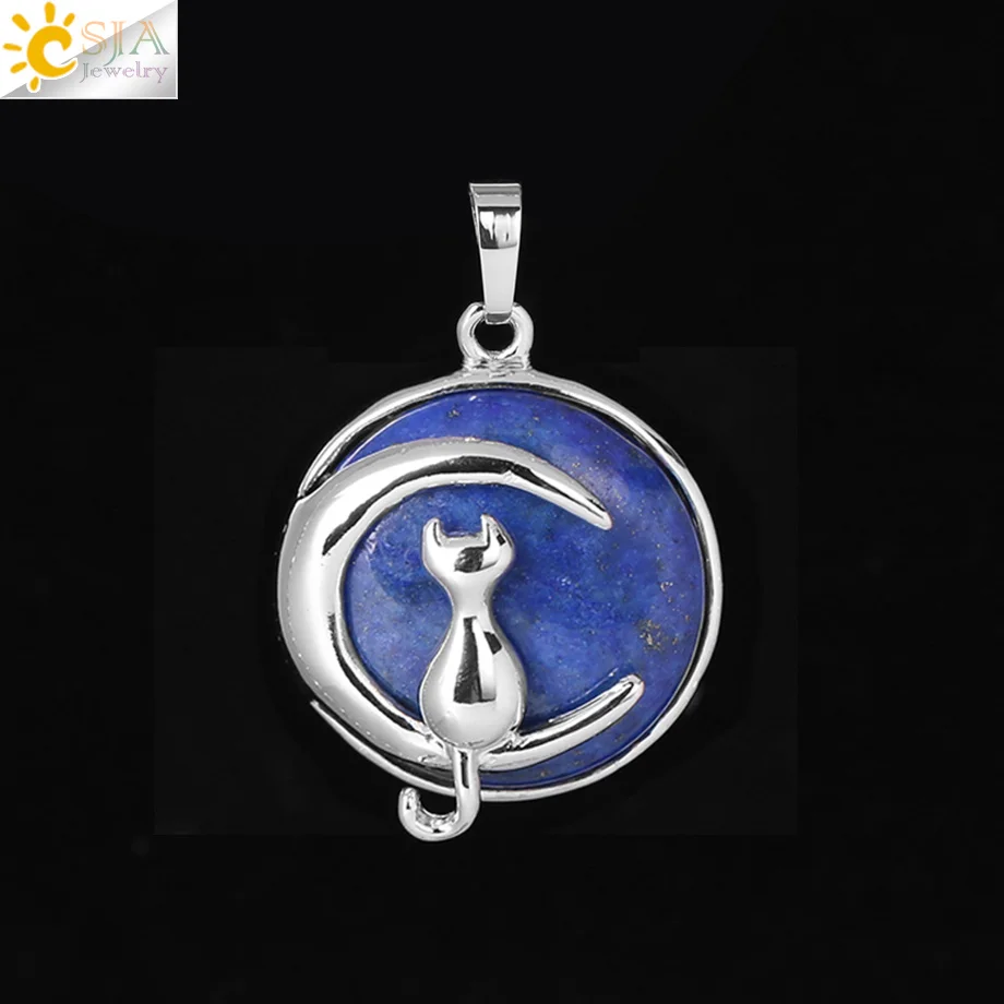 Lapis Lazuli CSJA, новинка, модная подвеска в виде кошки, Луны, ожерелье, круглый натуральный камень, милый котенок, удача, ювелирное изделие, подходит для женщин, колье для девочек, подарок F334 - Окраска металла: Lapis Lazuli