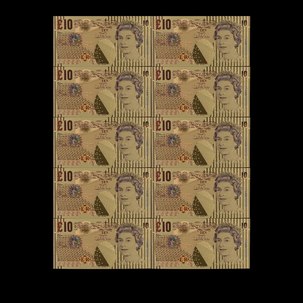 

10pcs/lot United Kingdom 10 Pound Colorful Gold Foil Banknote 24k Gold Plated Banknote Worth Collecting