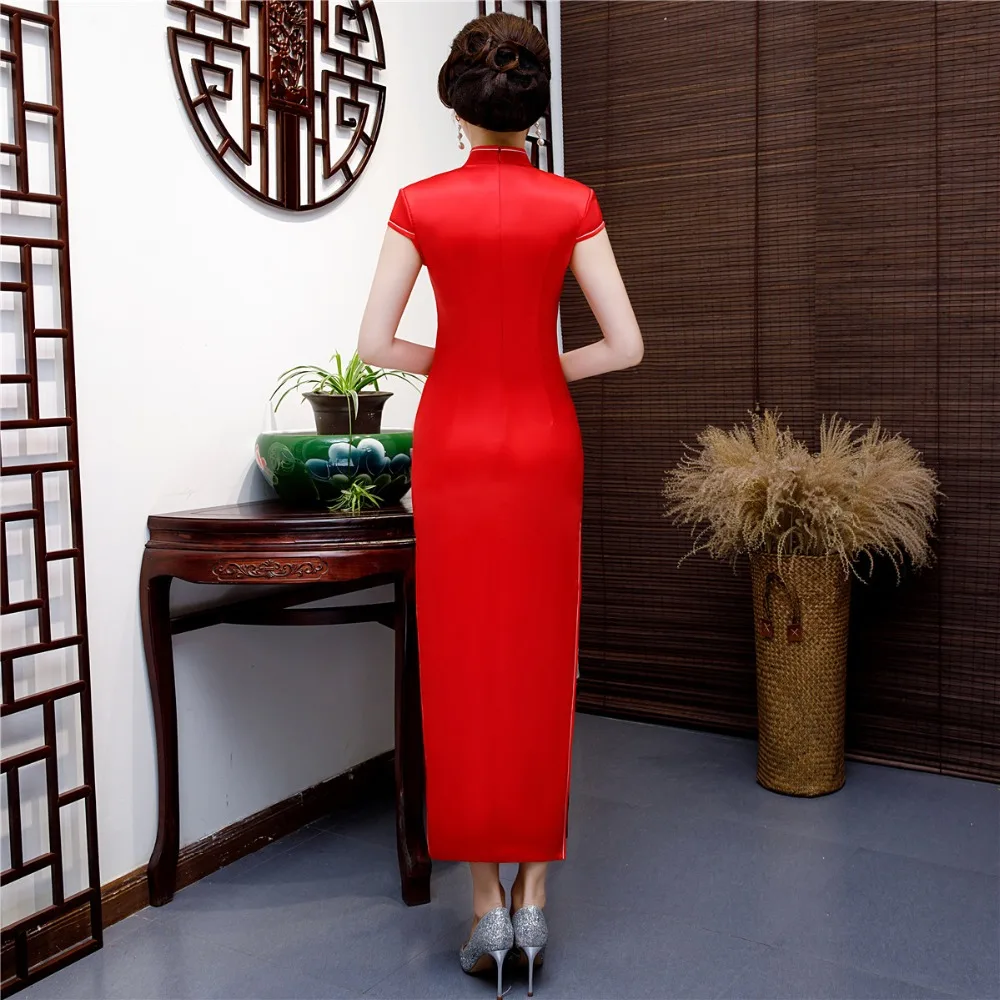 Шанхай история искусственного шелка Qipao Платье длинное Cheongsam национальный тренд платья короткий рукав тонкий Традиционный китайский платье для женщин