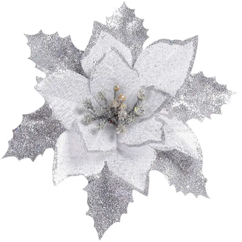 silver 12Pieces Glitter Poinsettia Flowers Christmas Tree Poinsettia Ornaments for Christmas Valentine's Day Floral Decorations - Цвет: silver