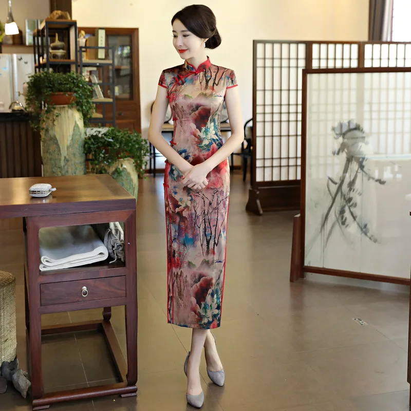 2019 пикантные Длинные Cheongsam в традиционном китайском стиле платье с короткими