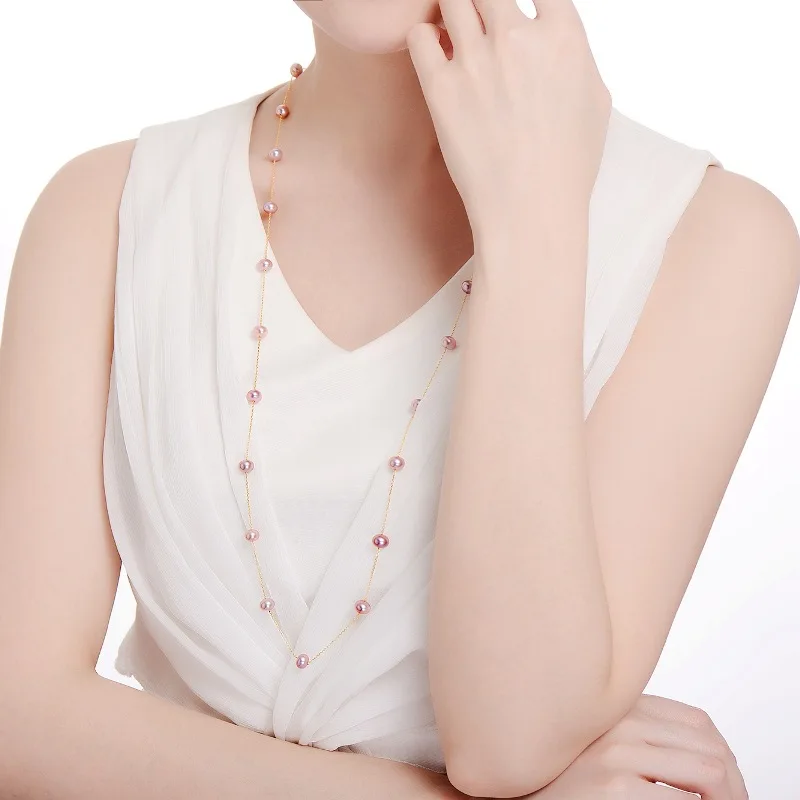 

ASHIQI Purple Color Pearl Necklace 925 silver 90cm Long Sweater Chain Natural Pearl Long Necklace for Women Gift