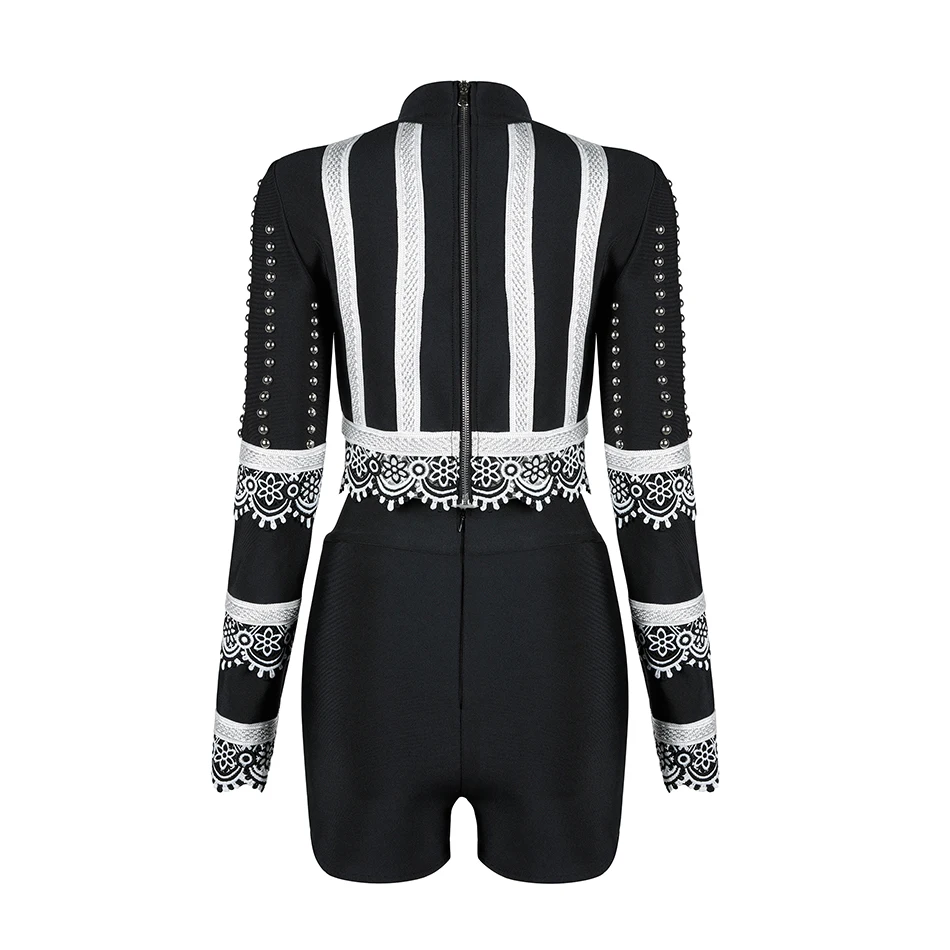Комбинезон 2020 Sexy Rompers Women Brand Short Jumpsuit Long Sleeve Bodycon Sequin Beaded Lace Pattern Playsuit.