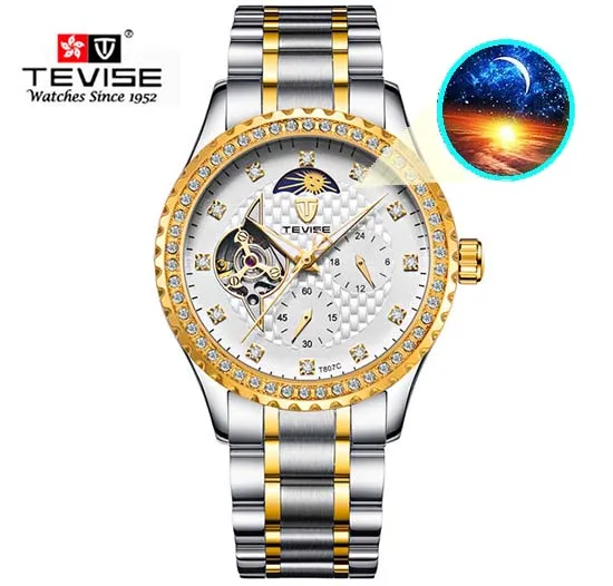 Tevise Мужские механические Самовзводные часы Нержавеющая сталь Moon Phase Tourbillon