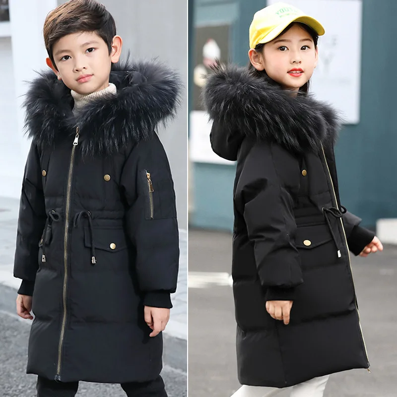 

Kids Down Jacket 2018 New Boys Girls Winter Coat Children Long Thick Outwear Coat Fur Collar Solid Color Jacket For 5-14 Y