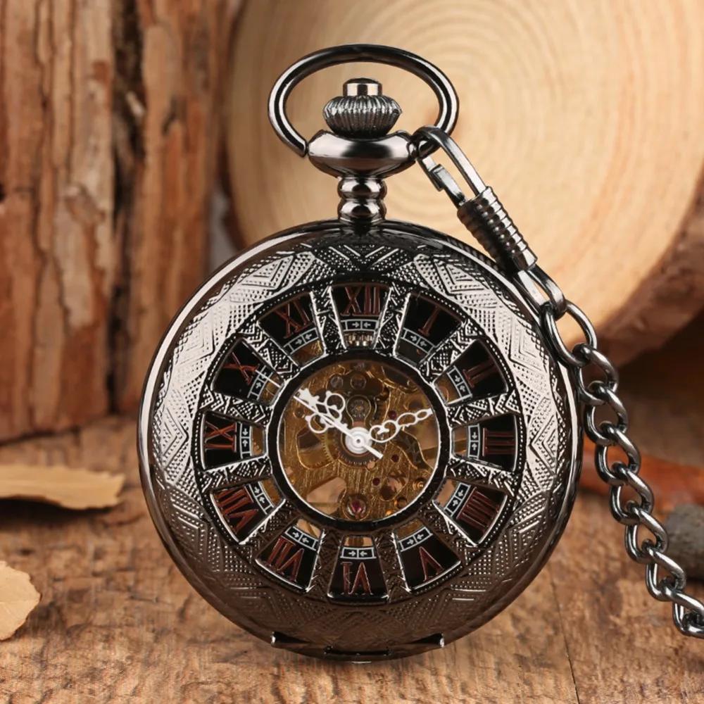 Vintage Luxury Brand Necklace Mens Pocket Watch, Black Steampunk Skeleton Mechanical Pocket Watch for Man, Clock Pocket Watches