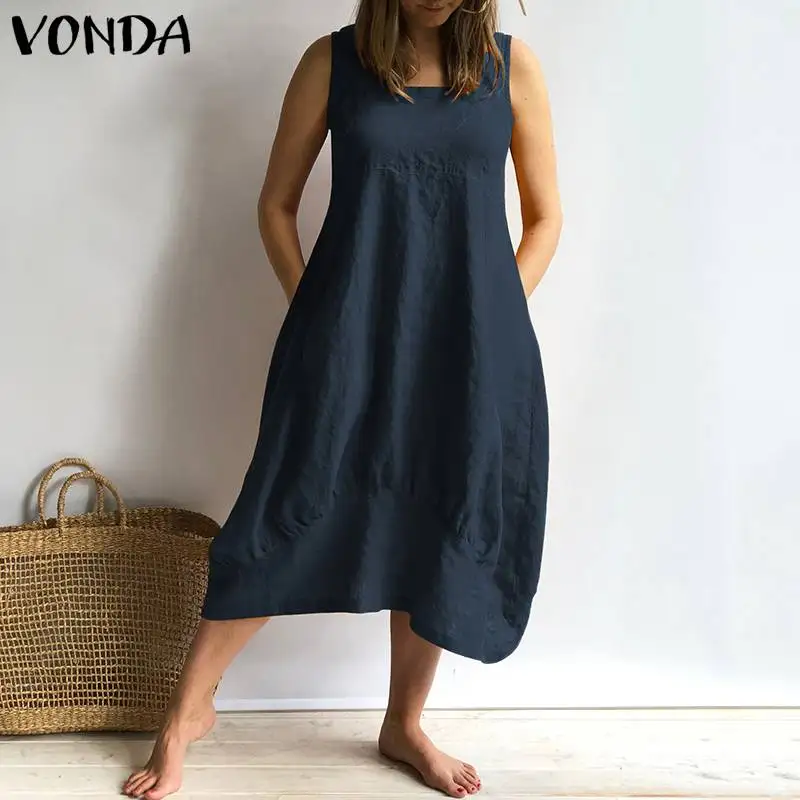 VONDA женское платье летнее сексуальное хлопковое платье без рукавов с квадратным вырезом винтажный сарафан свободного покроя размера плюс Vestidos