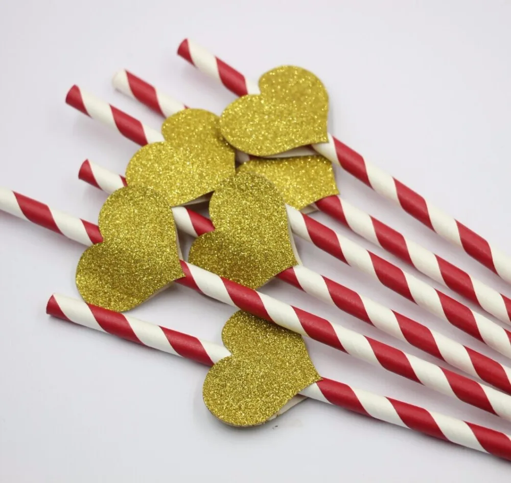 (12 компл./лот) Бордовые Полосатые Бумажные соломинки с золотым сердцем Топпер
