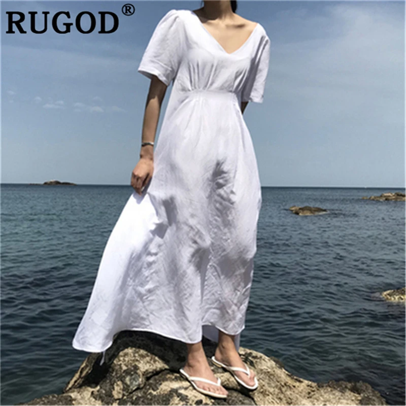 Женское платье RUGOD длинное пляжное с коротким рукавом и треугольным вырезом |