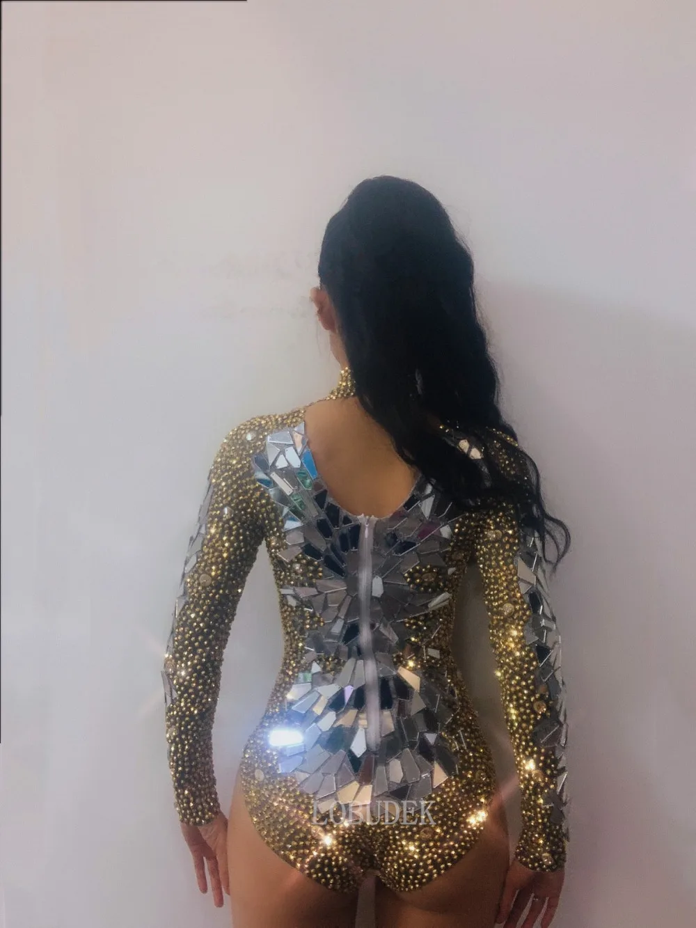 Women Gold Rhinestones Silver Mirrors Long Sleeve Bodysuit Sexy DJ Singer Nightclub Stage Wear Jazz Dance Team Leotard Costumes