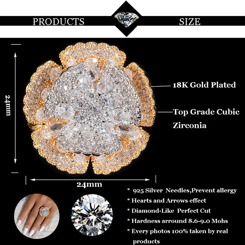 WIN B Регулируемые кольца с открытым цветком Золотое кольцо розовое Ювелирное