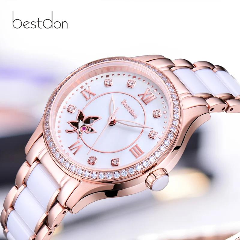 Bestdon, роскошные Брендовые женские часы-браслет, сапфировое стекло, керамика, для девушек, автоматические механические наручные часы, женские белые часы