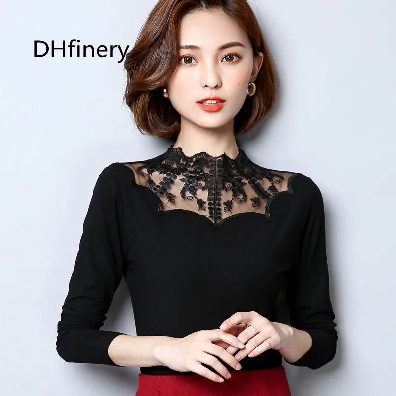 DHfinery top women spring autumn wild hollow lace collar Flower embroidery black one size long sleeve warm  H8983