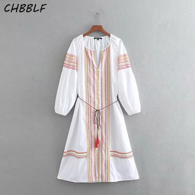 CHBBLF женское народное платье emnroidery с длинным рукавом-фонариком украшенное