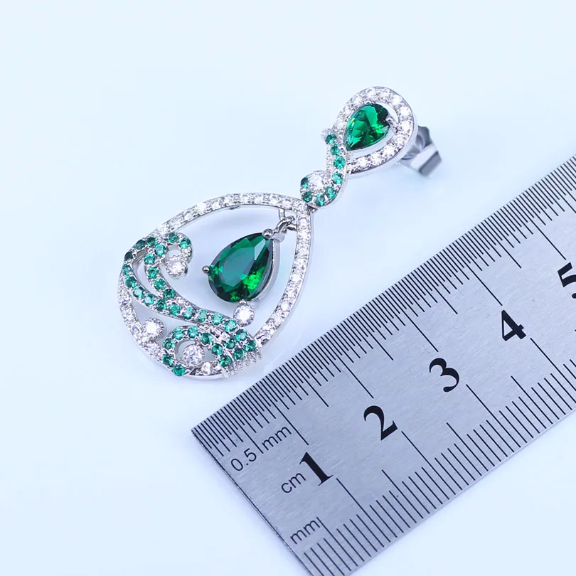 Lovely Water Drop CZ Stone And Green Crystal Necklace Earring Set Fashion 925 Silver Jewelry For Women T28 | Украшения и