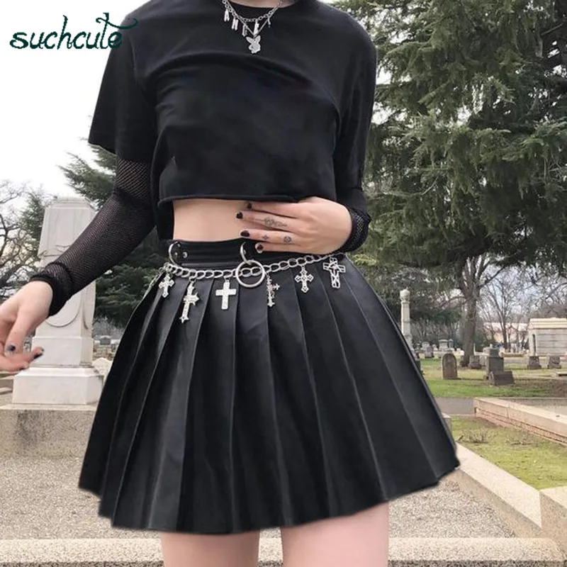 SUCHCUTE Женская юбка кожаная короткая юбка мода плиссированная короткая мини-юбки готический танец корейский стиль Saia Midi