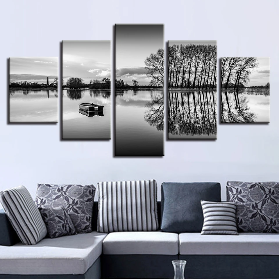 Canvas Painting Art Modular 5 Pieces Black And White Pictures Ship Lake Tree Landscape Poster HD Printing Decor Living Room Wall